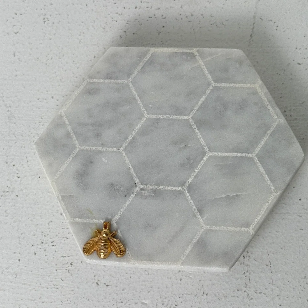 White Marble Hexagon Honeycomb Coasters with Gold Bumble Bee Accents Set of 4